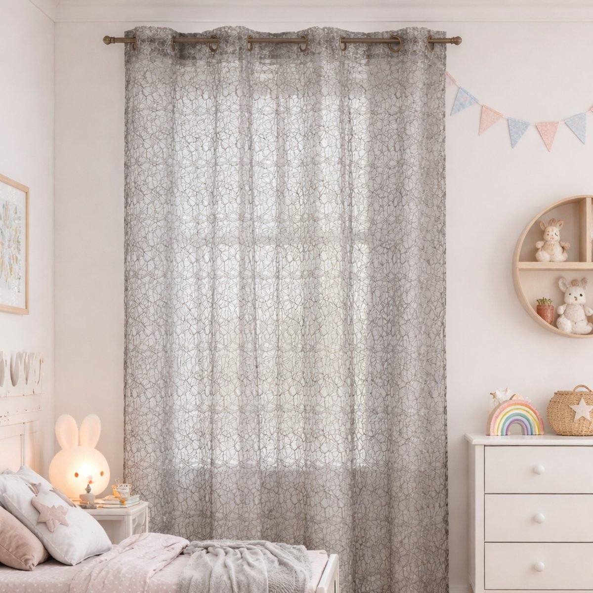 Rideau voilage broderie ton sur ton gris clair, HOME MAISON
