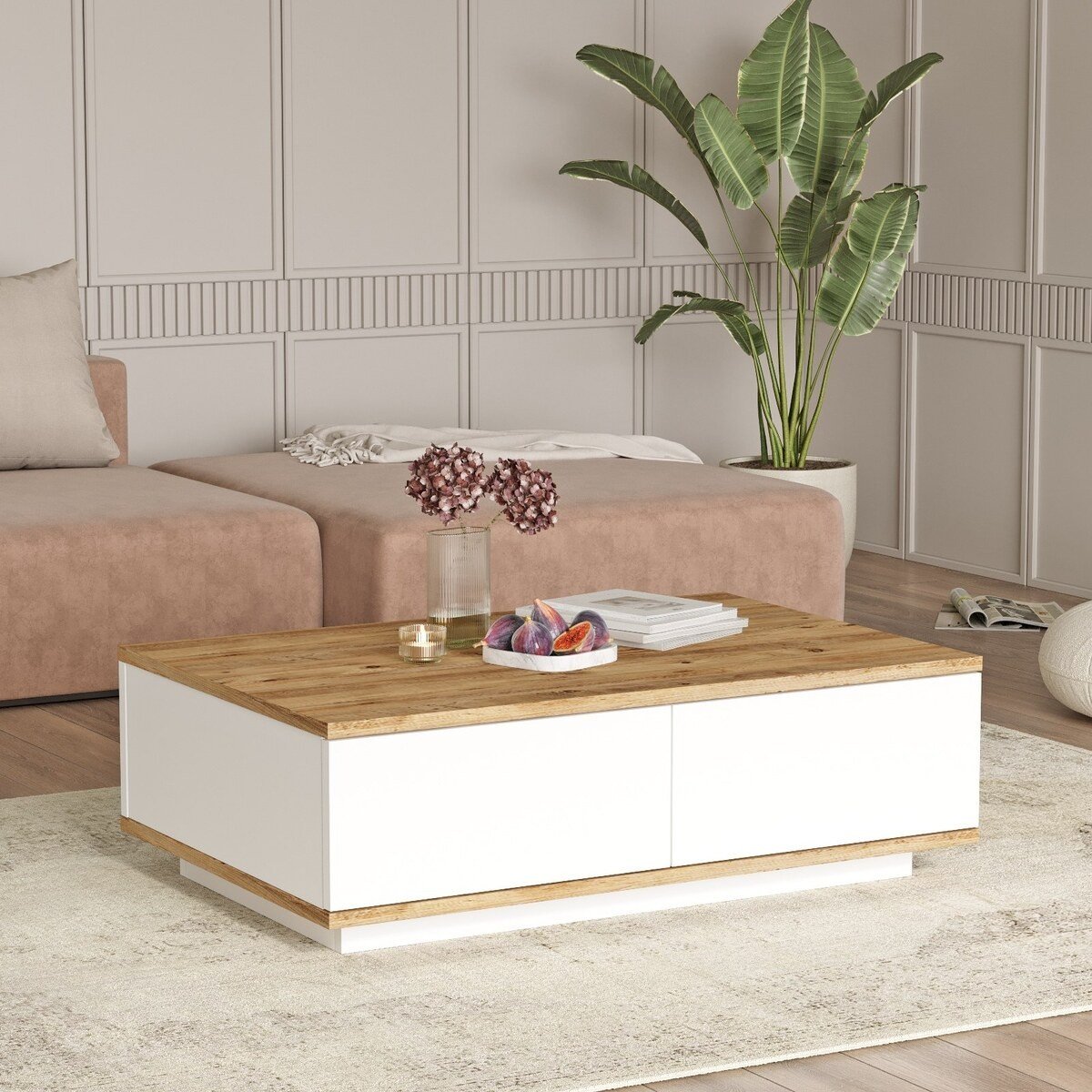 Table basse rectangulaire 1 abattant blanc et pin atlantique - L90 cm bois clair, CALICOSY