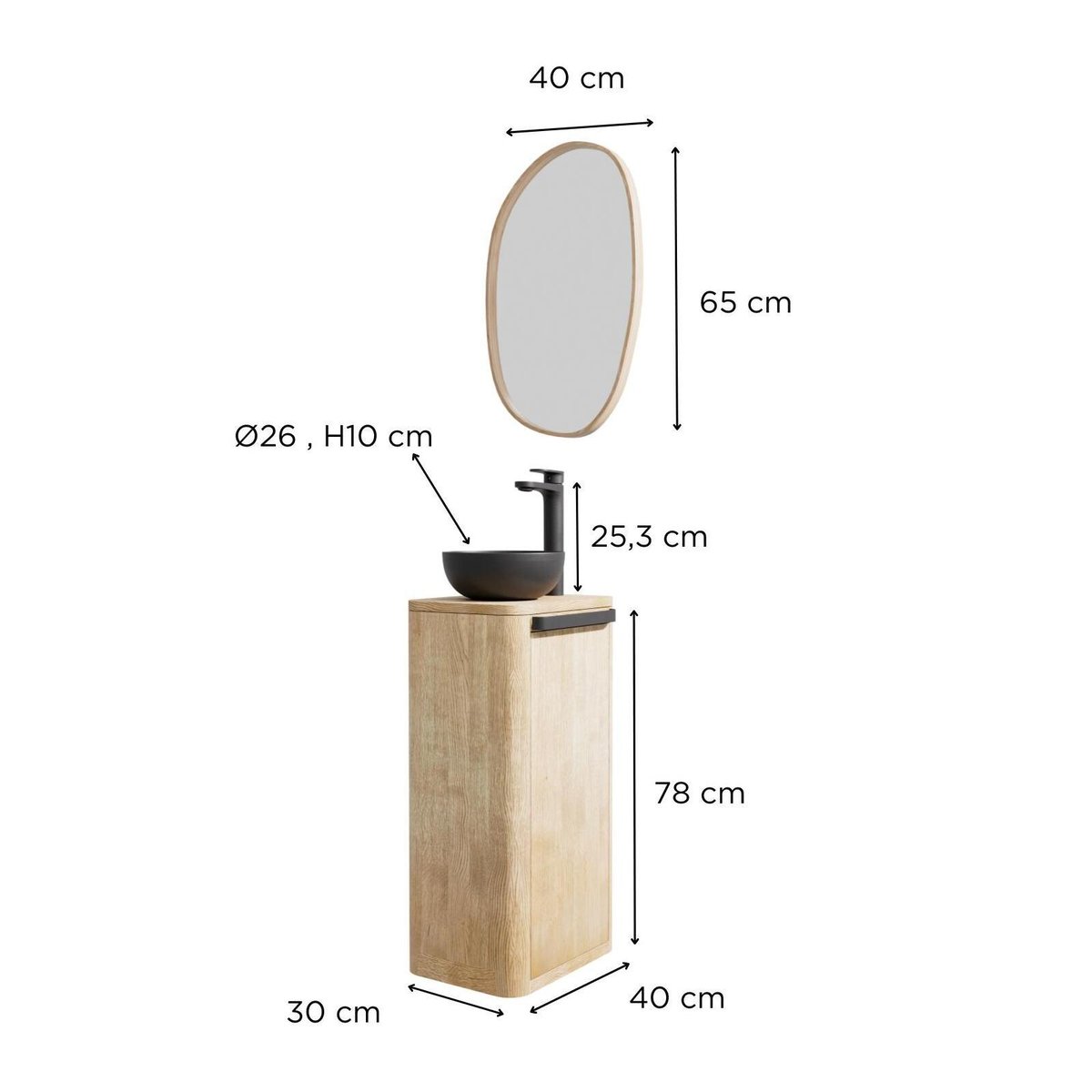 Ensemble meuble lave-mains + vasque + robinet + miroir TOM chêne, MOB IN
