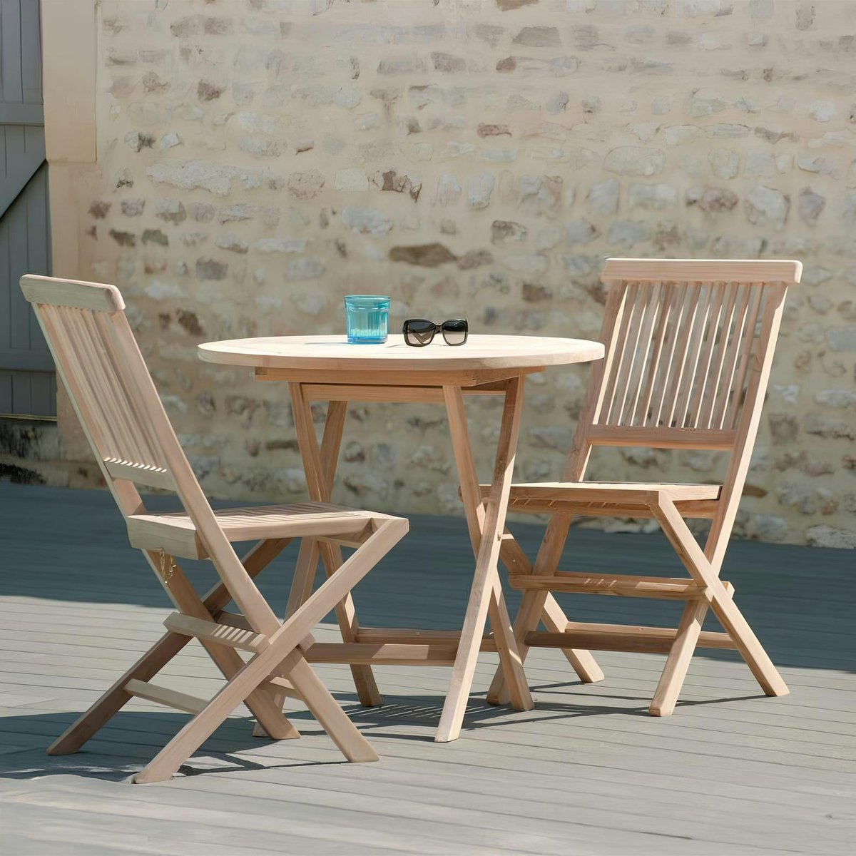 Table de jardin ronde pliante en bois de teck massif 80cm SUMMER 2 personnes bois naturel, PIER IMPORT