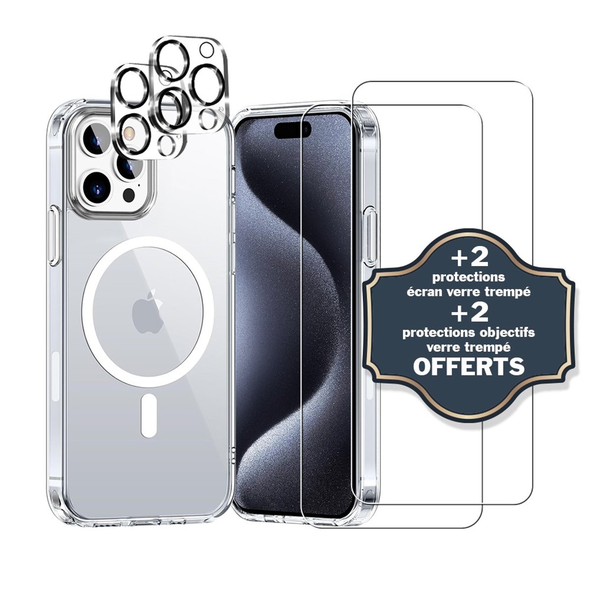 Coque Anti-choc compatible Magsafe pour iPhone 15 Pro Max Transparente + 2 protections écran et 2 protections objectif caméra transparent, EVETANE