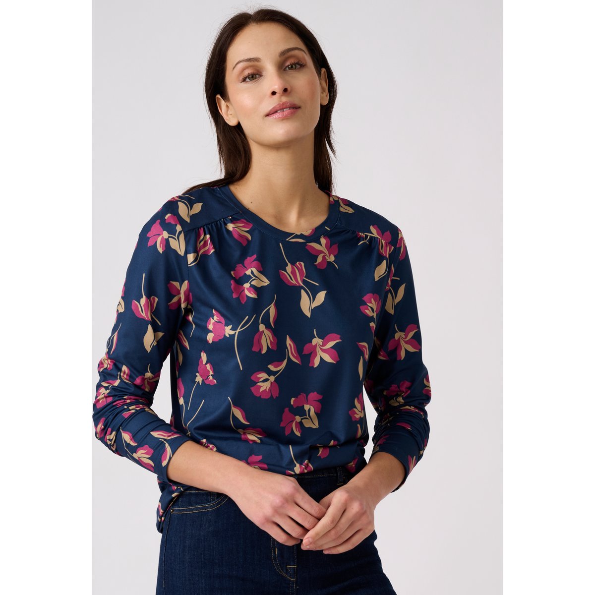 T-shirt maille chaude imprimé végétal bleu marine fleuri, DAMART