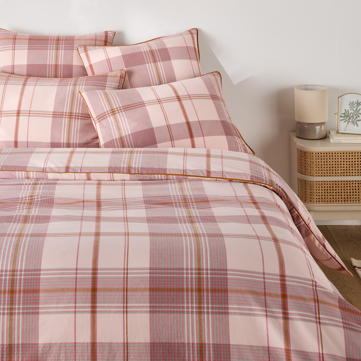 Housse de couette en coton lavé, carreaux en tissé-teint, DOLLON carreaux fond rose, LA REDOUTE INTERIEURS