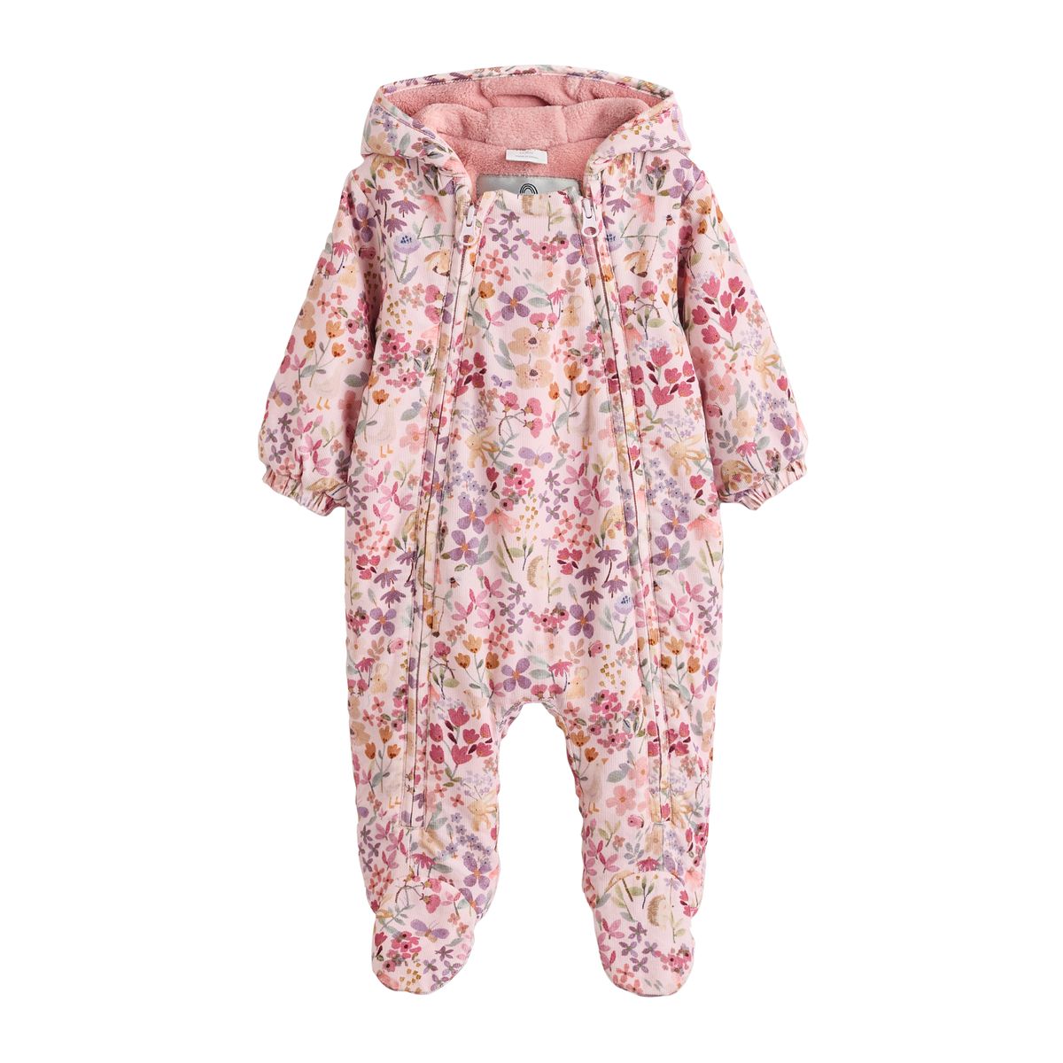 Combinaison bébé en velours côtelé à capuche fleurs roses, double fermeture éclair, NEXT