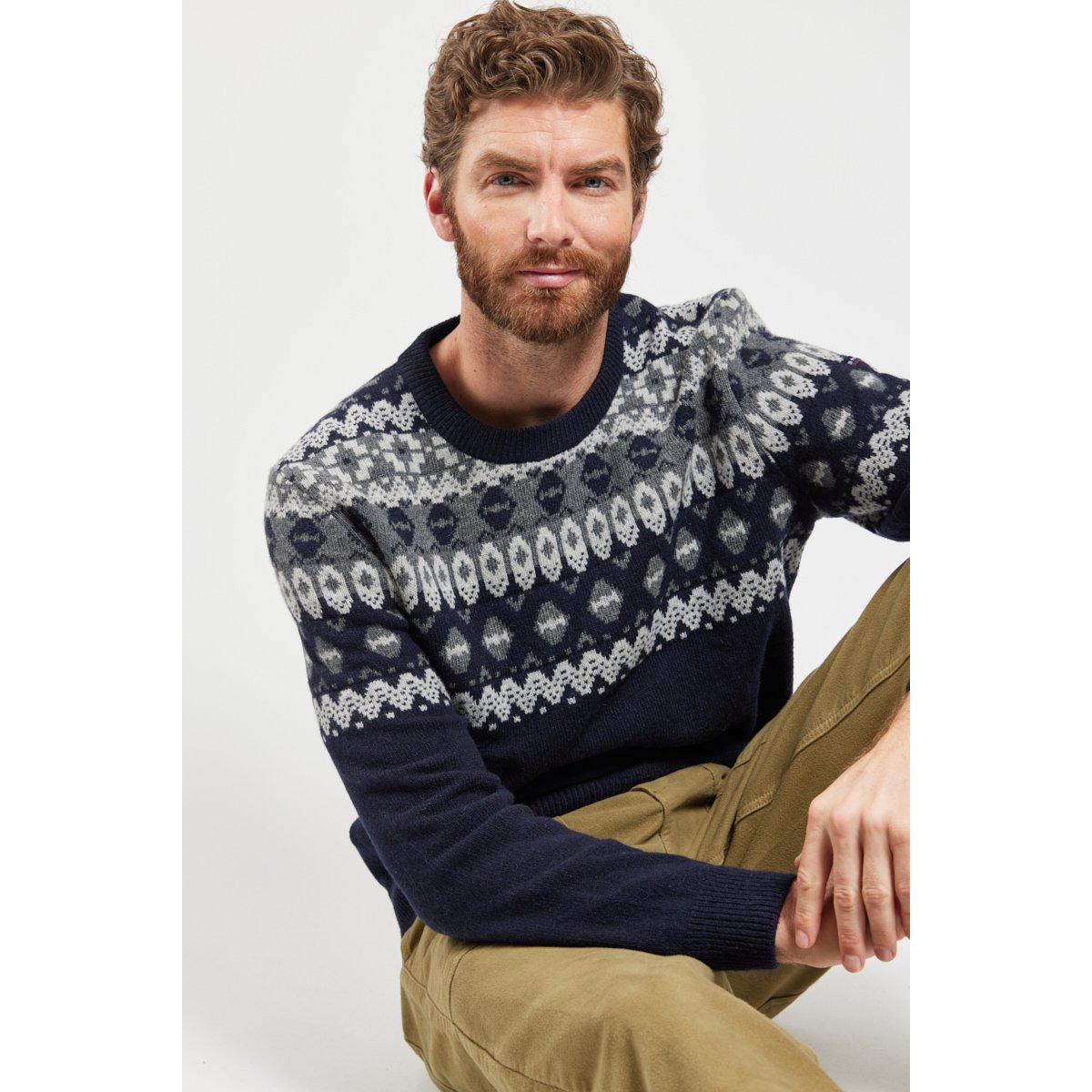 Pull jacquard en laine recyclée marine deep, ARMOR-LUX