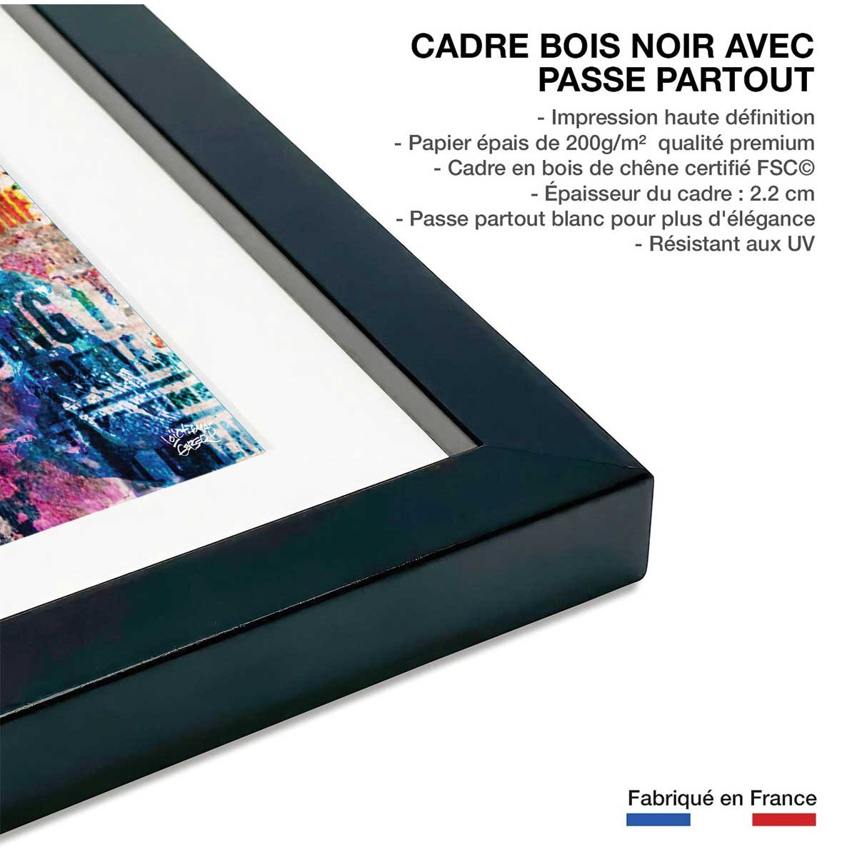 Affiche illustration graffiti chaplin affiche + cadre en bois - noir, HEXOA