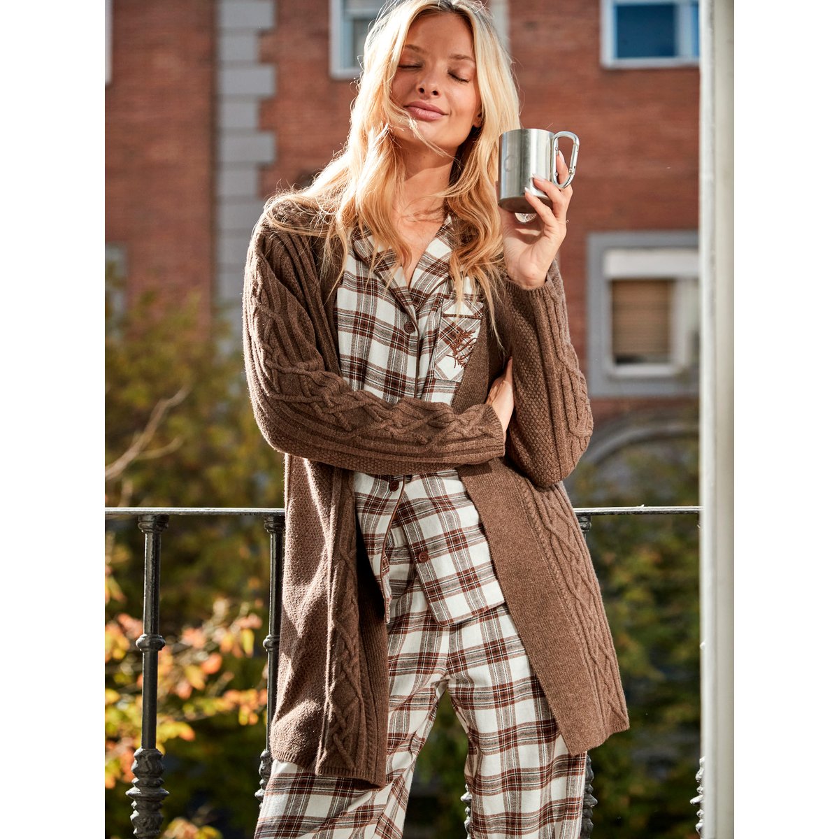 Pyjama pantalon chemise manches longues Classic Cocoa marron, SELMARK