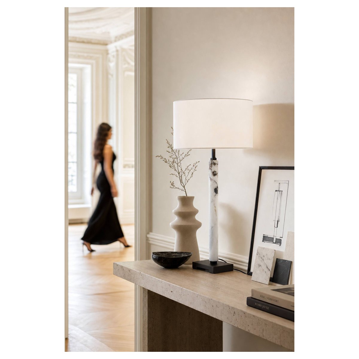 Lampe de table en marbre et métal blanc et noir, RECOLLECTION