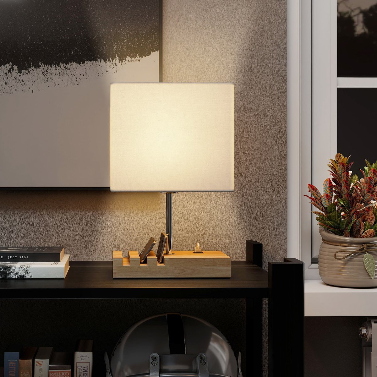 Lampe de table Bois Blanc blanc, bois naturel, chromé, HOMCOM