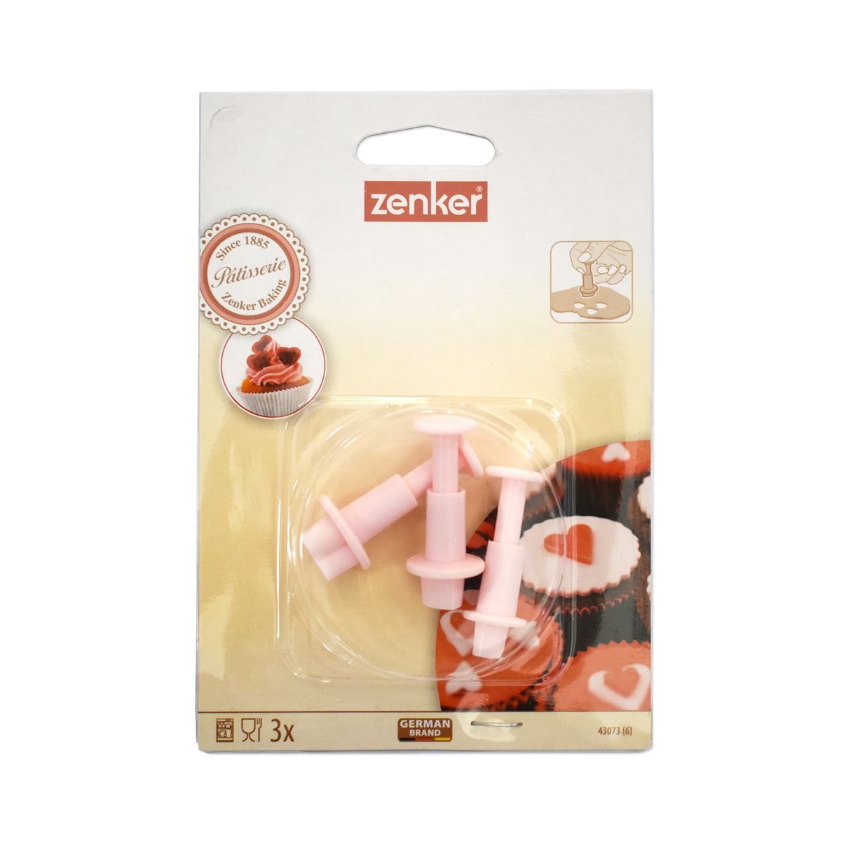 Lot de 3 emporte-pièces cœur à poussoir pour pâte à sucre rose, ZENKER