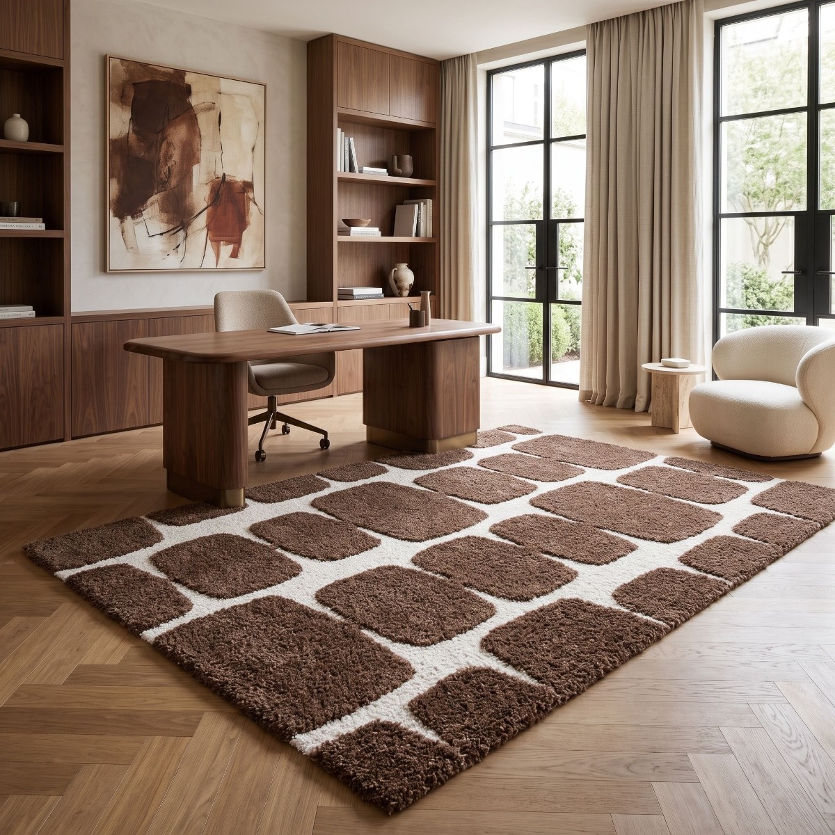 Tapis shaggy doux à relief graphique MOKA BLOCKS marron et ecru, THE DECO FACTORY