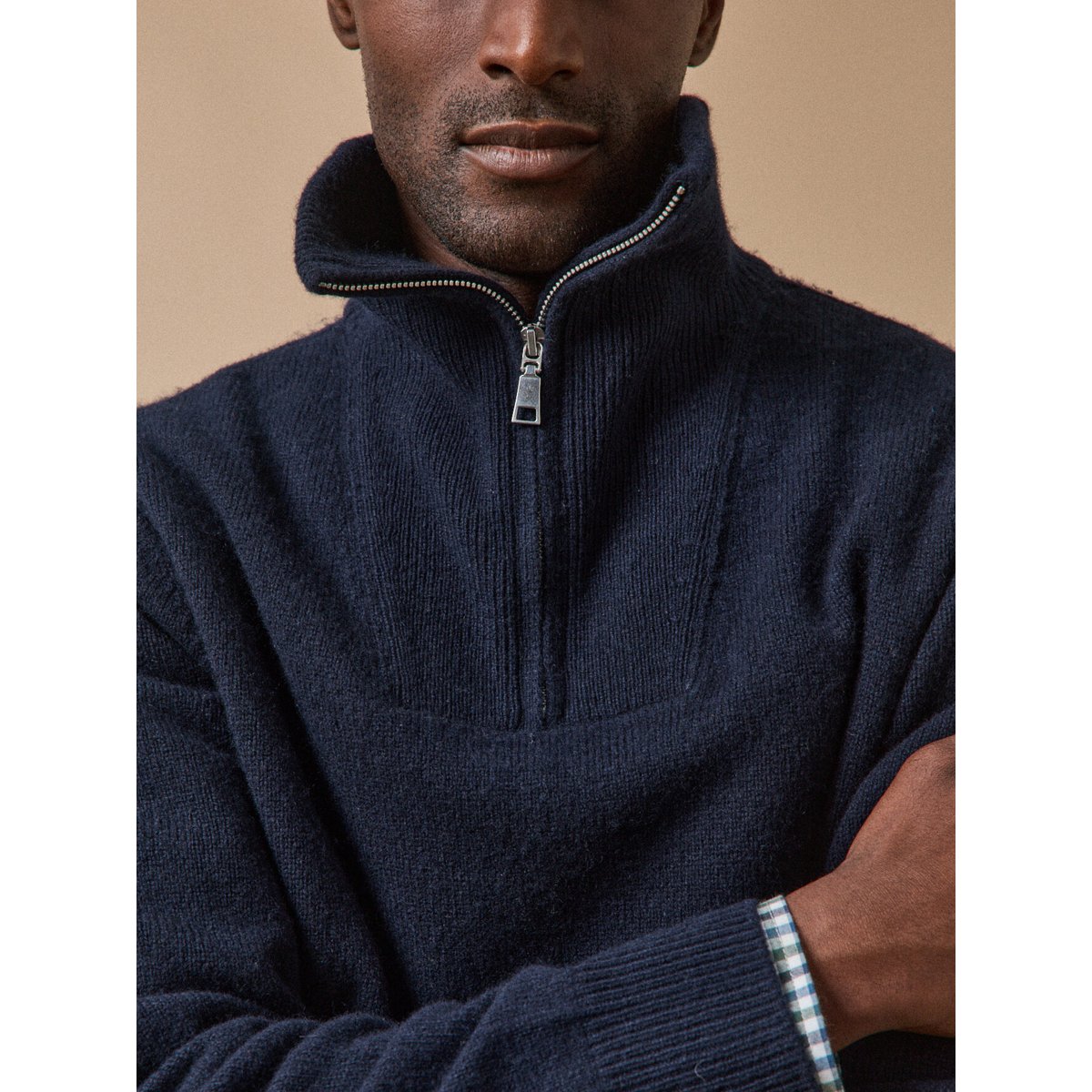 Pull col camionneur zippé laine mérinos marine, CYRILLUS