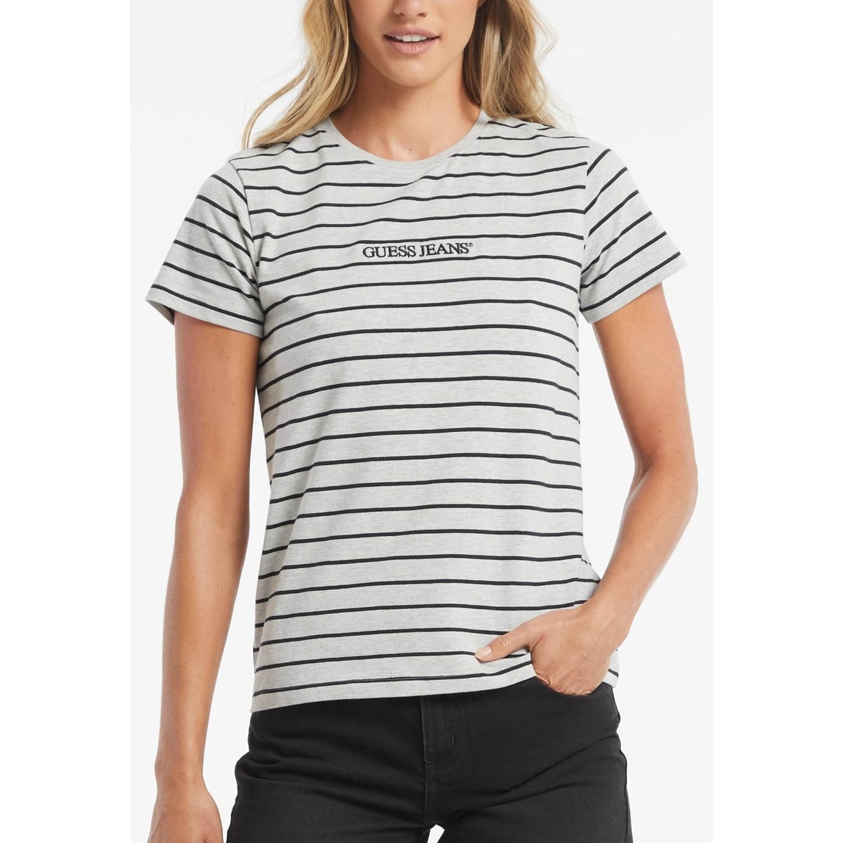 T-Shirt Classique Rayé Logo Brodé bleu, GUESS