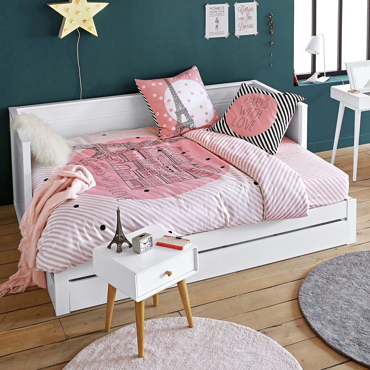 Drap housse coton, Paris for ever rose/blanc, LA REDOUTE INTERIEURS