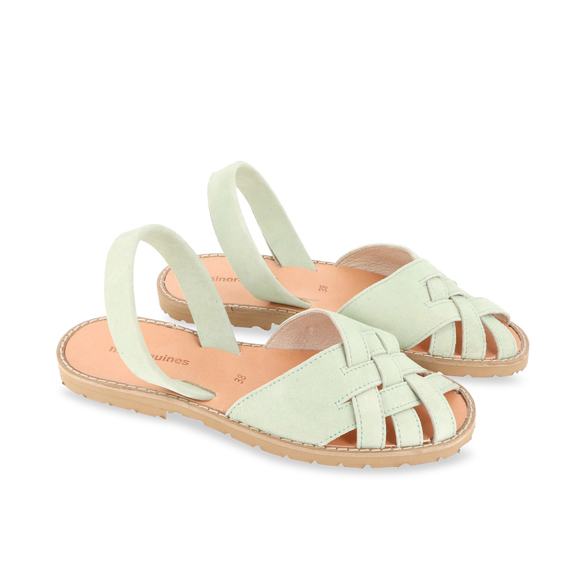 Sandales plates en cuir AVARCA COMPOSTELLE vert d'eau, MINORQUINES
