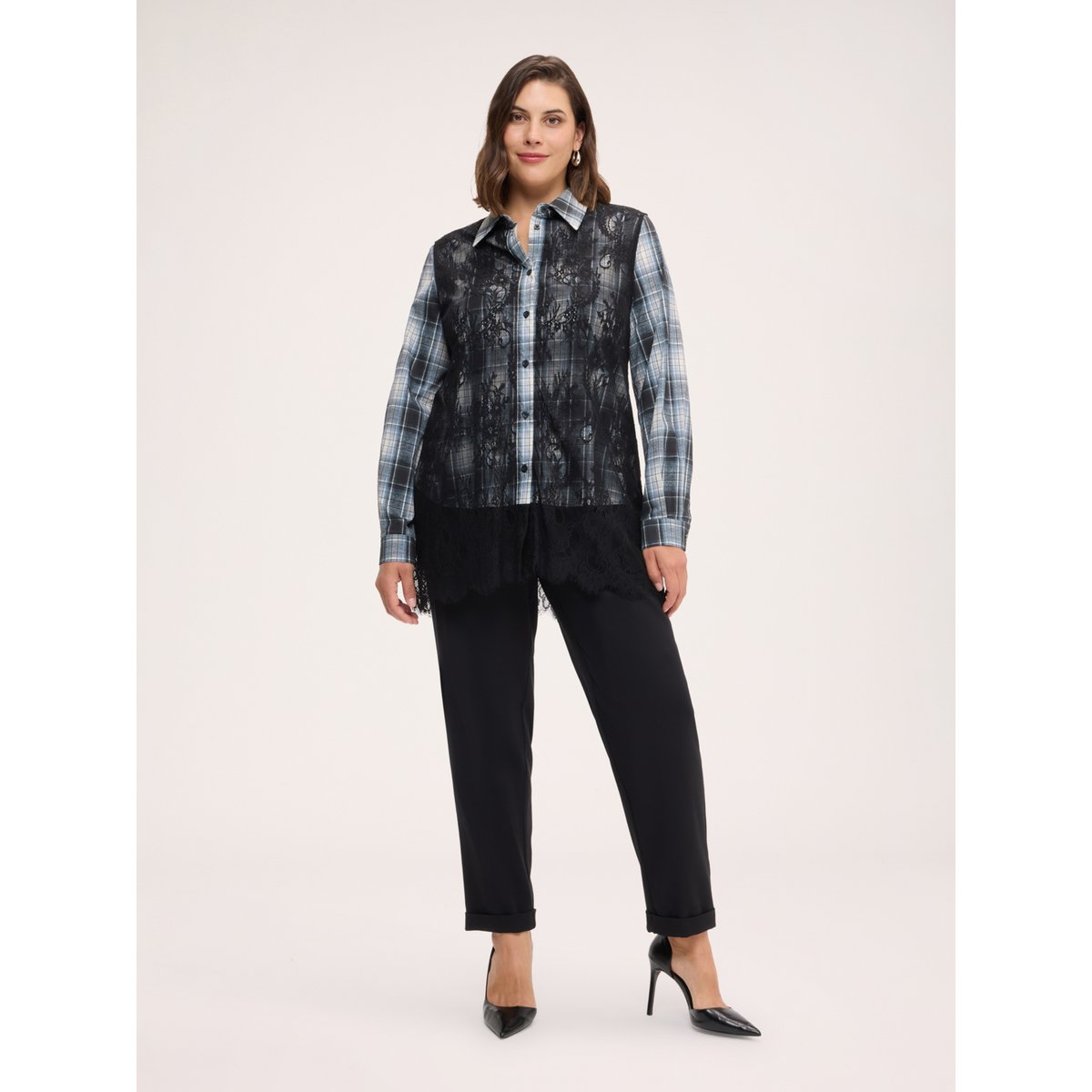 Chemise à carreaux avec empiècements en dentelle florale noir, FIORELLA RUBINO
