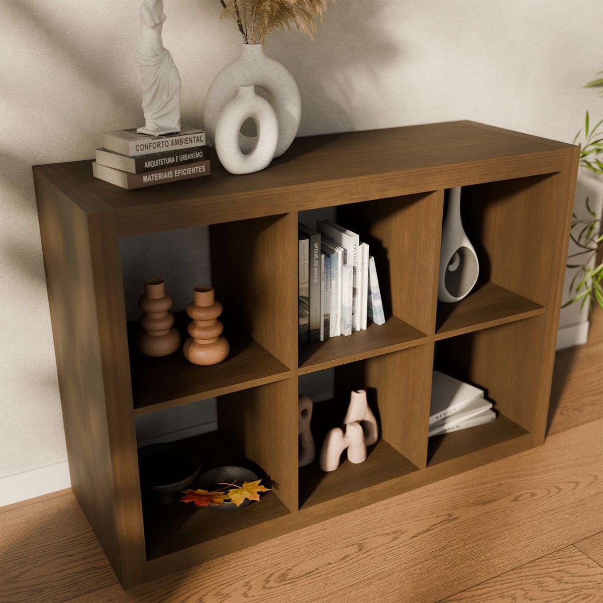 Etagère bibliothèque décor bois 2 niveaux 6 compartiments BASIKS noyer, SWEEEK