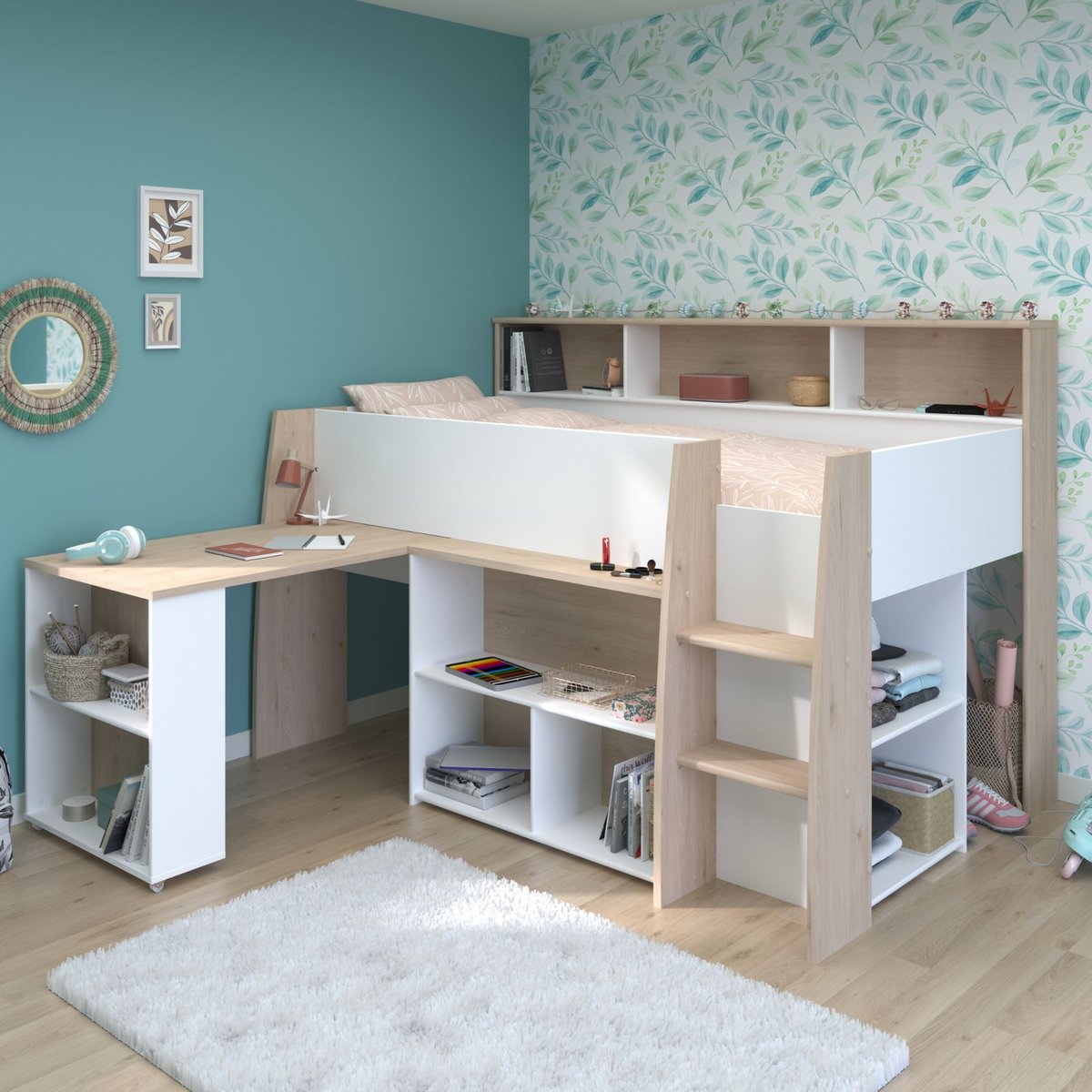 Lit mezzanine enfant bois avec bureau escamotable et rangements blanc, TERRE DE NUIT