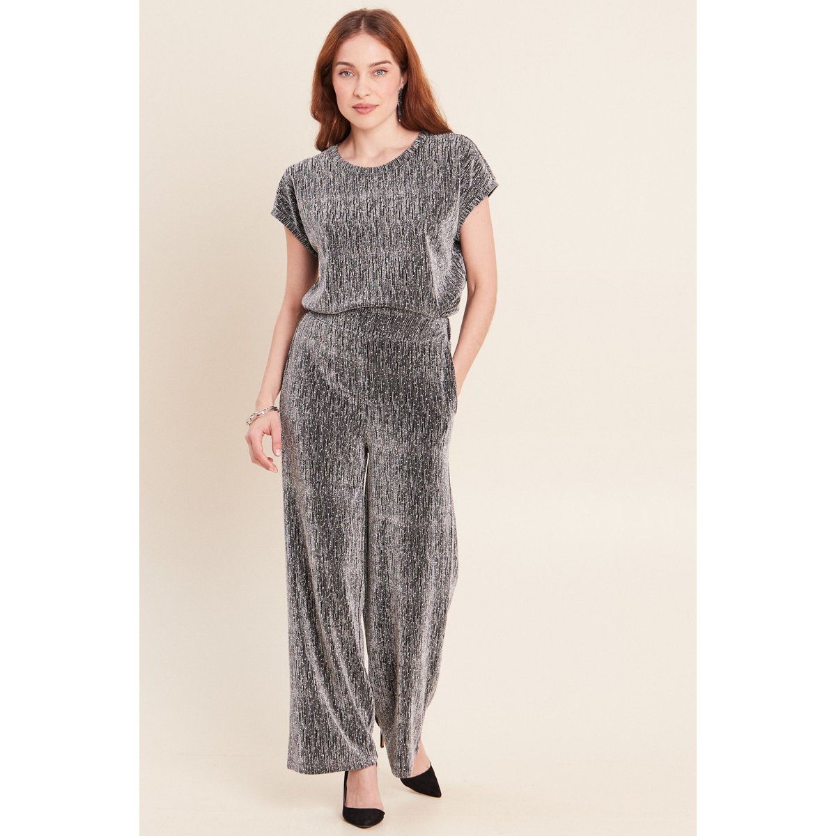 Pantalon large long taille haute gris argent, BREAL