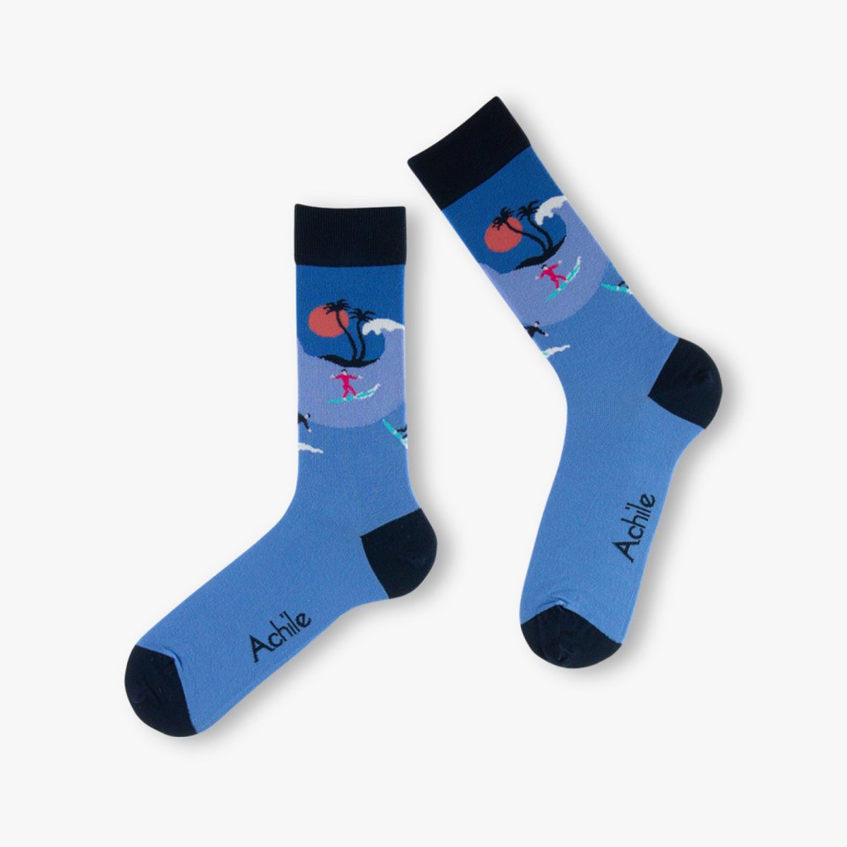 Mi-chaussettes Homme fantaisie Surfeurs coton majoritaire marine, ACHILE