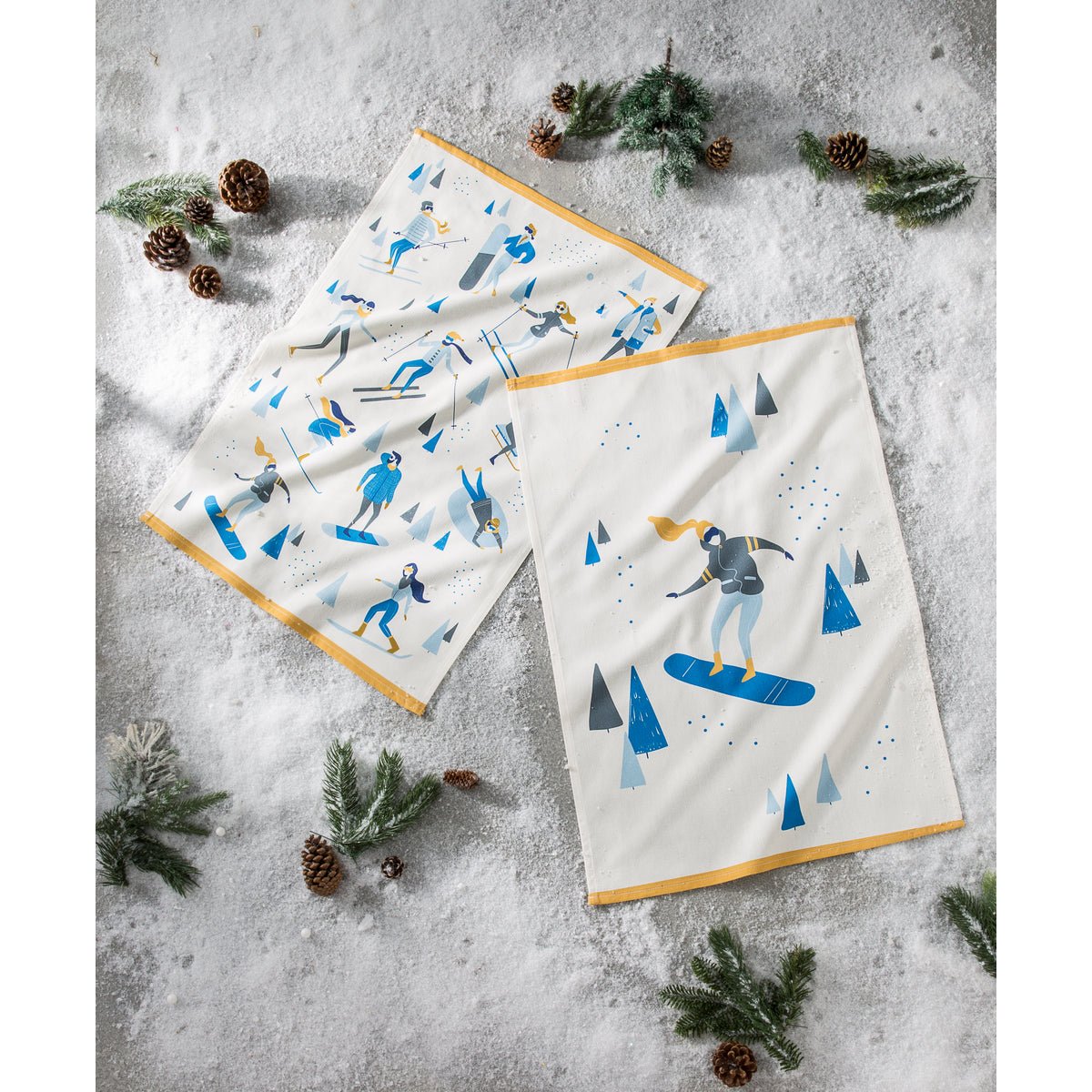 Torchon imprimé en coton SNOWBOARDEUSE blanc, COUCKE