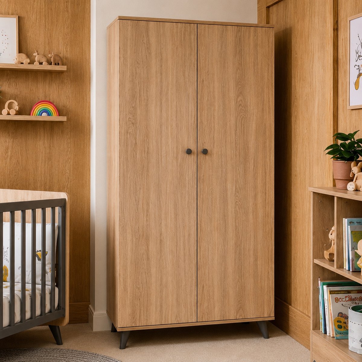 Chambre bébé trio: Lit bébé 60x120, Commode à langer 2 tiroirs et armoire 2 portes décor bois chêne marron/gris, SAUTHON