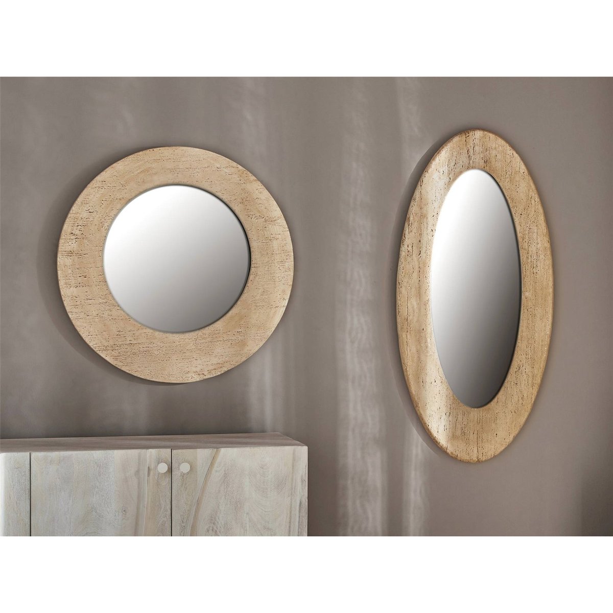 Miroir rond en verre beige effet pierre travertin naturel, RECOLLECTION