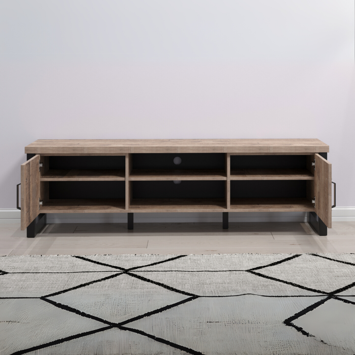 Meuble TV 2 portes, 2 niches et 2 ouvertures passe-câbles L166 cm - EMILE bois clair, CALICOSY