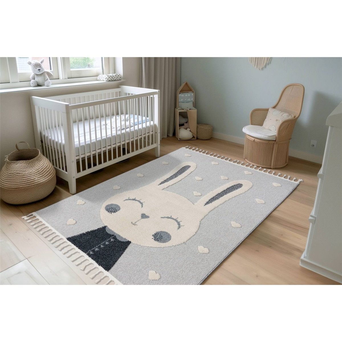 Tapis rond enfant motif lapin, Dos en jute gris clair et beige lapin, ARTE ESPINA
