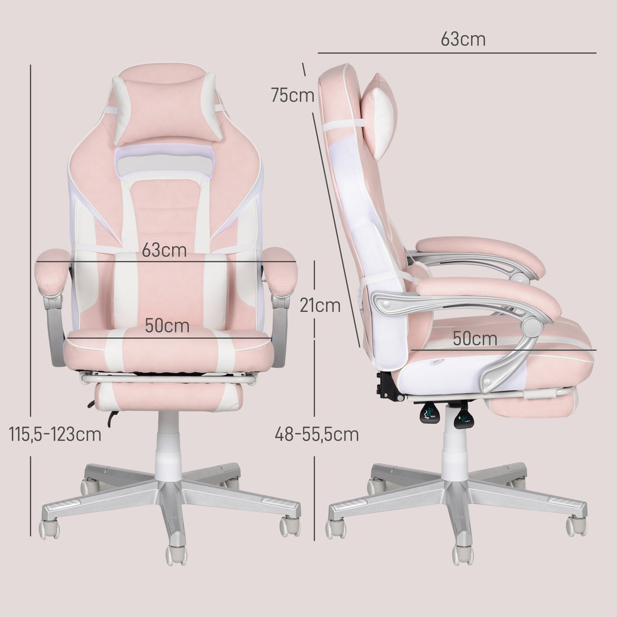Fauteuil gaming Polyuréthane Rose rose, blanc, HOMCOM