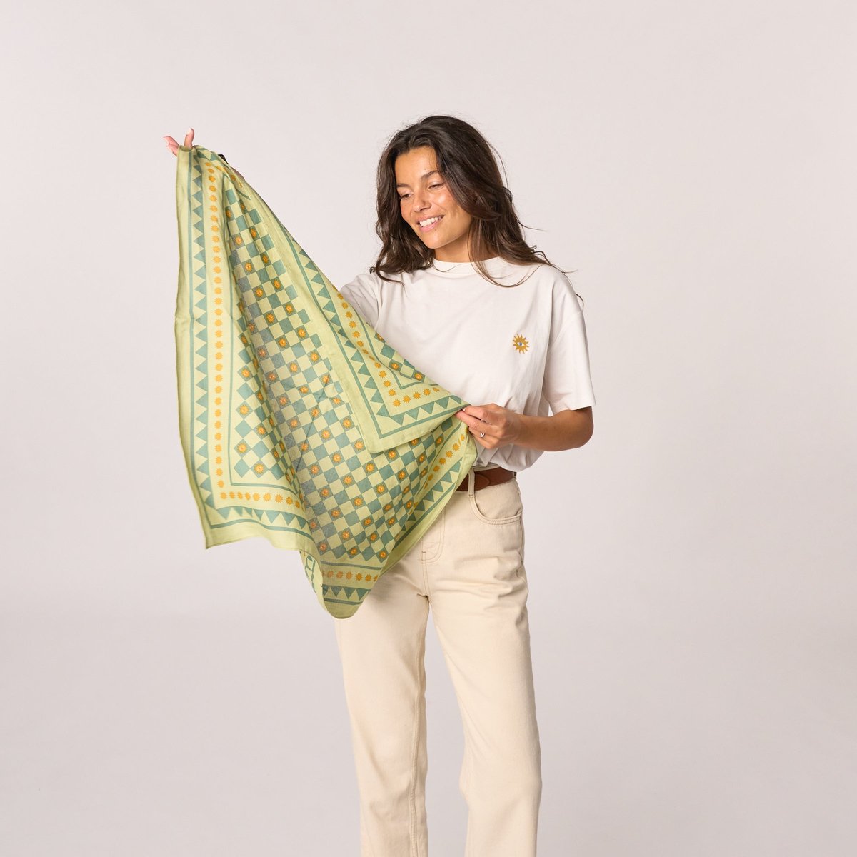 Petit foulard en coton biologique ROMANE vert et jaune, BILLYBELT