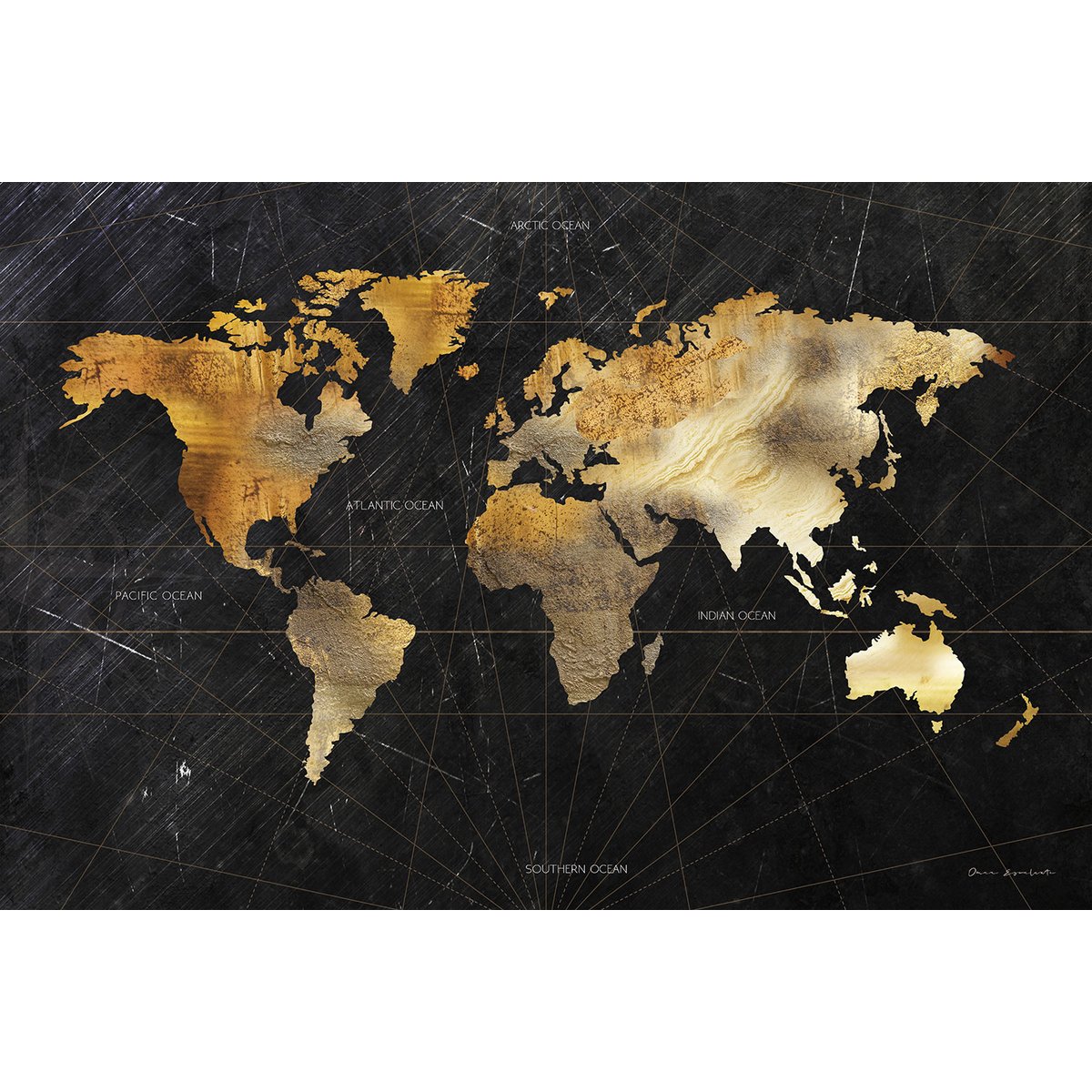 Tableau Carte du monde dorée tableau alu dibond, HEXOA