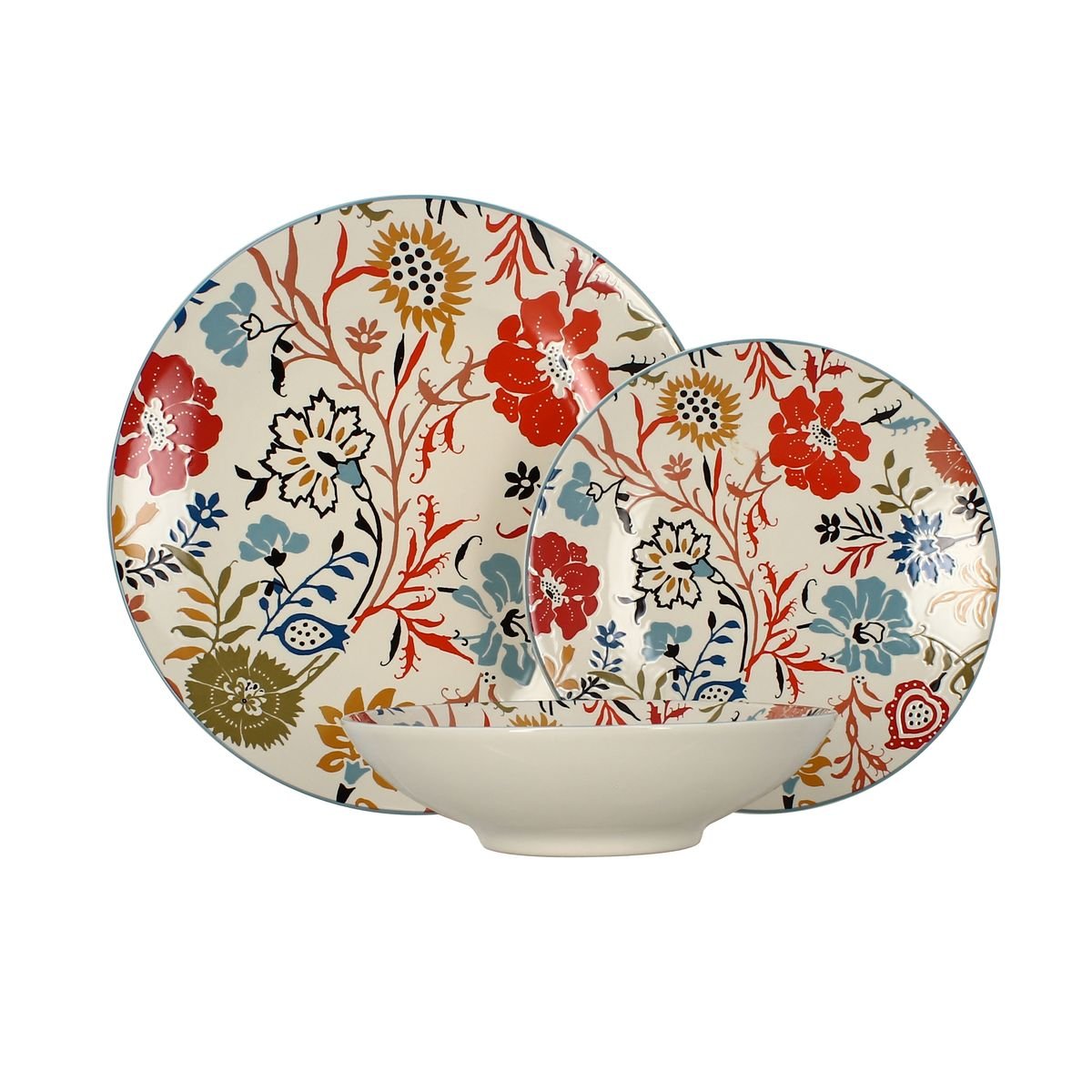 Lot de 6 assiettes plates florales en grès 27cm, JAIPUR blanc-jaune-rouge-vert, NOVASTYL