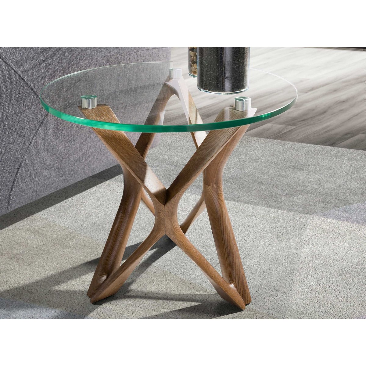 Table d'angle ronde en verre trempé et noyer verre | noyer, ANGEL CERDA
