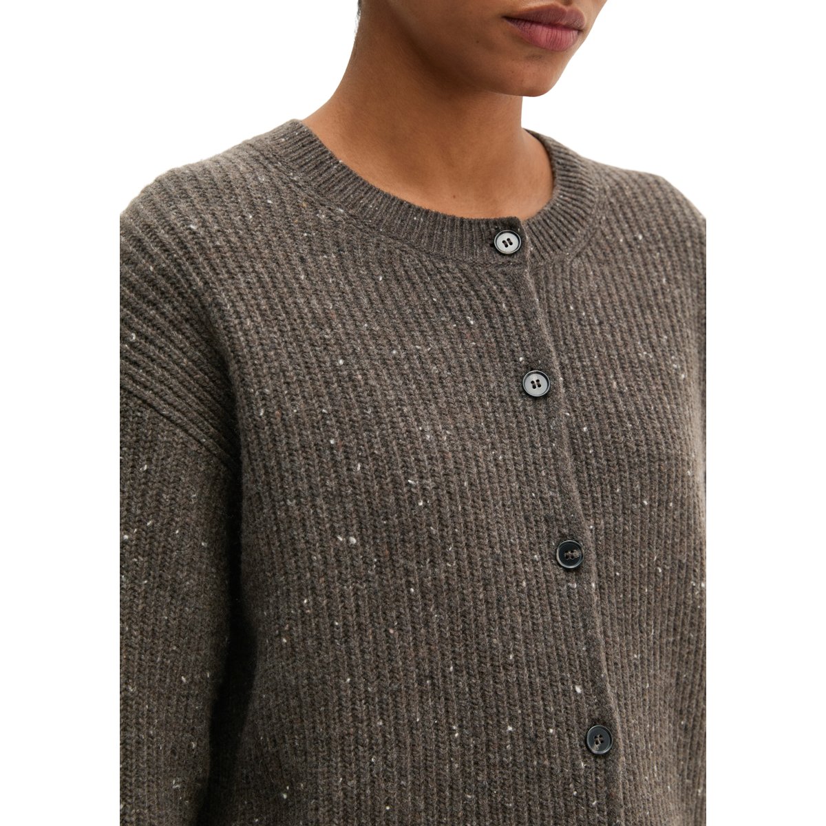 Cardigan en tweed coupe classique en mélange de laine vierge marron, MARC O'POLO