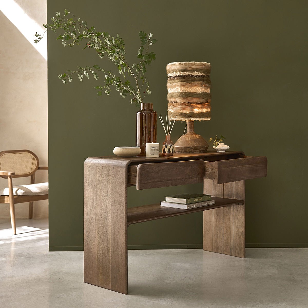 Console en manguier massif 2 tiroirs et niche SOFIA couleur unique, BERAH GETAH
