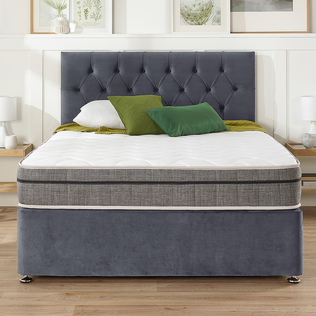 Oliver Velvet 2 Drawer Divan Bed and Pocket+ Memory Mattress Set grey, ASPIRE