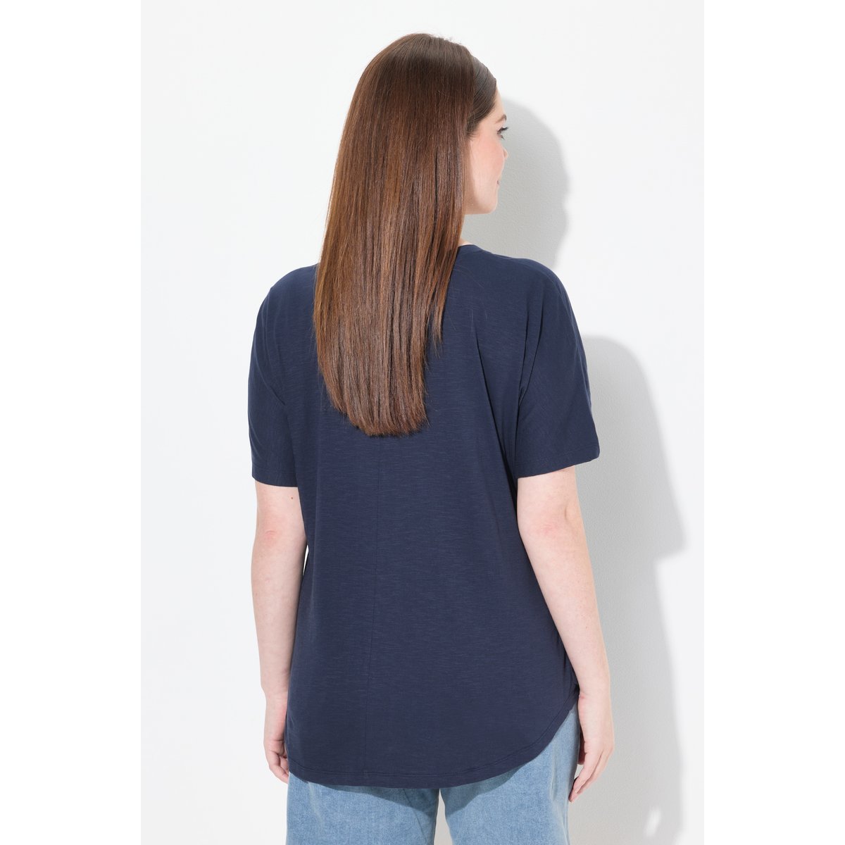 T-shirt, plis, col rond, manches courtes marine, ULLA POPKEN