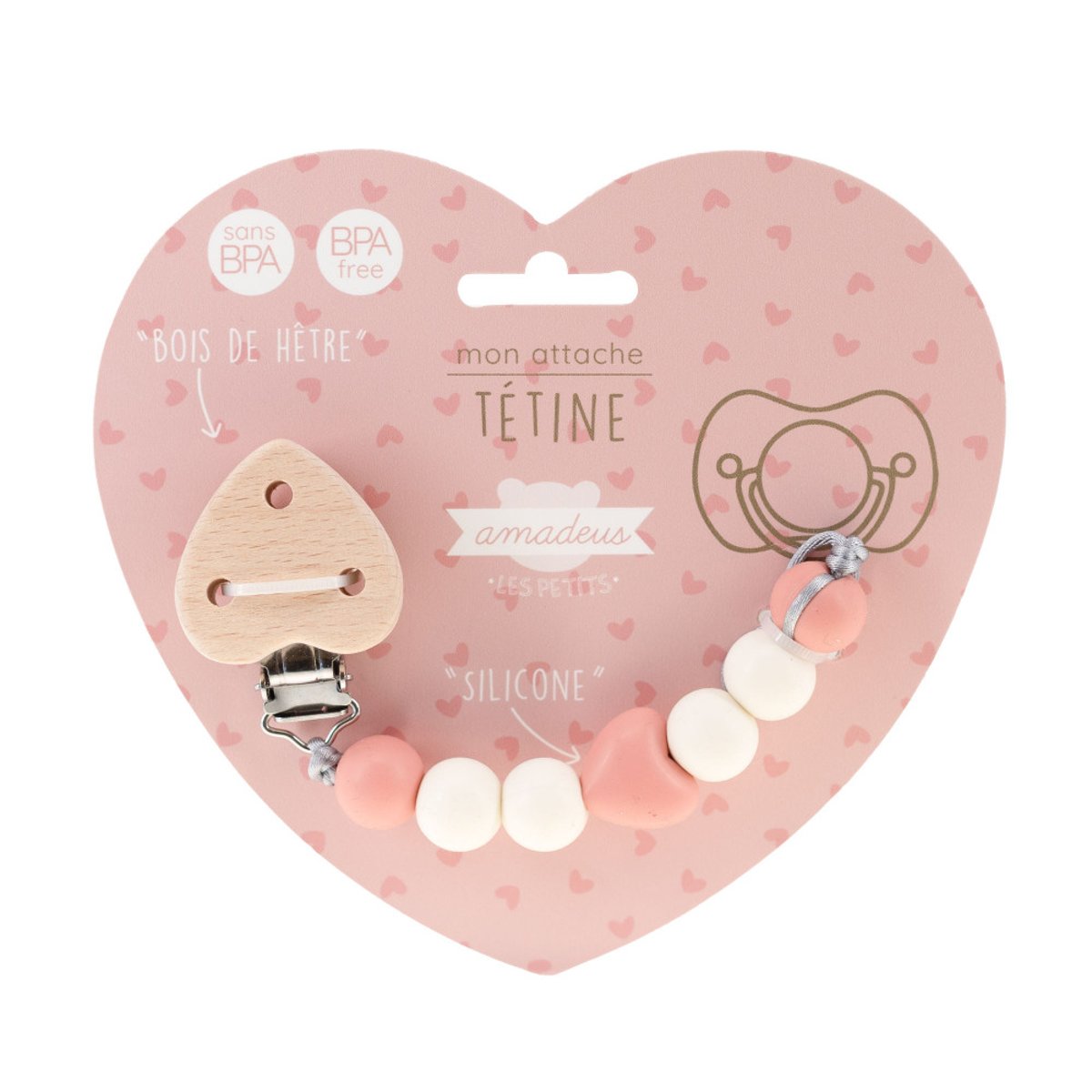 Attache tétine cœur rose, AMADEUS