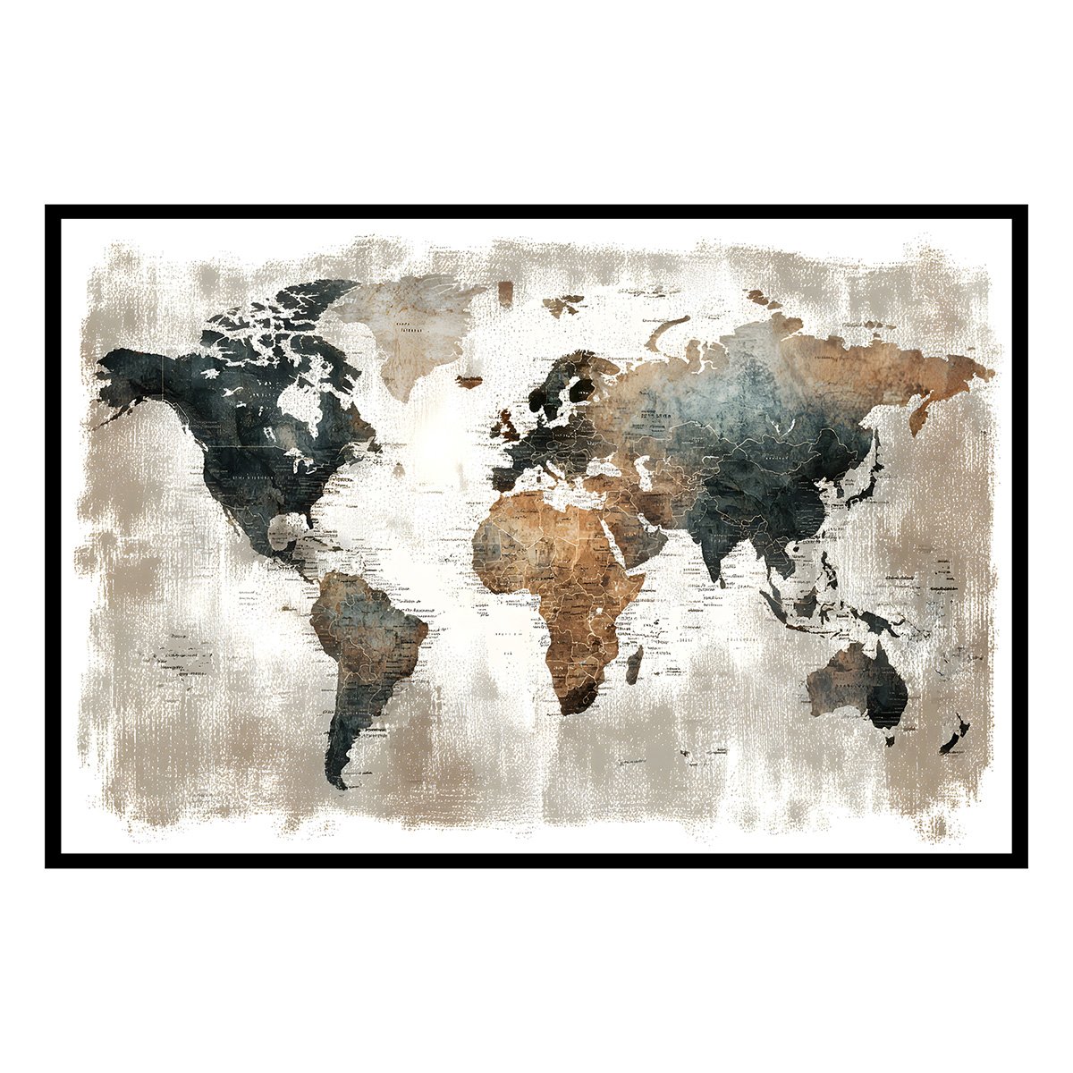 Affiche encadrée carte du monde rétro patinée affiche + cadre en métal - noir, HEXOA