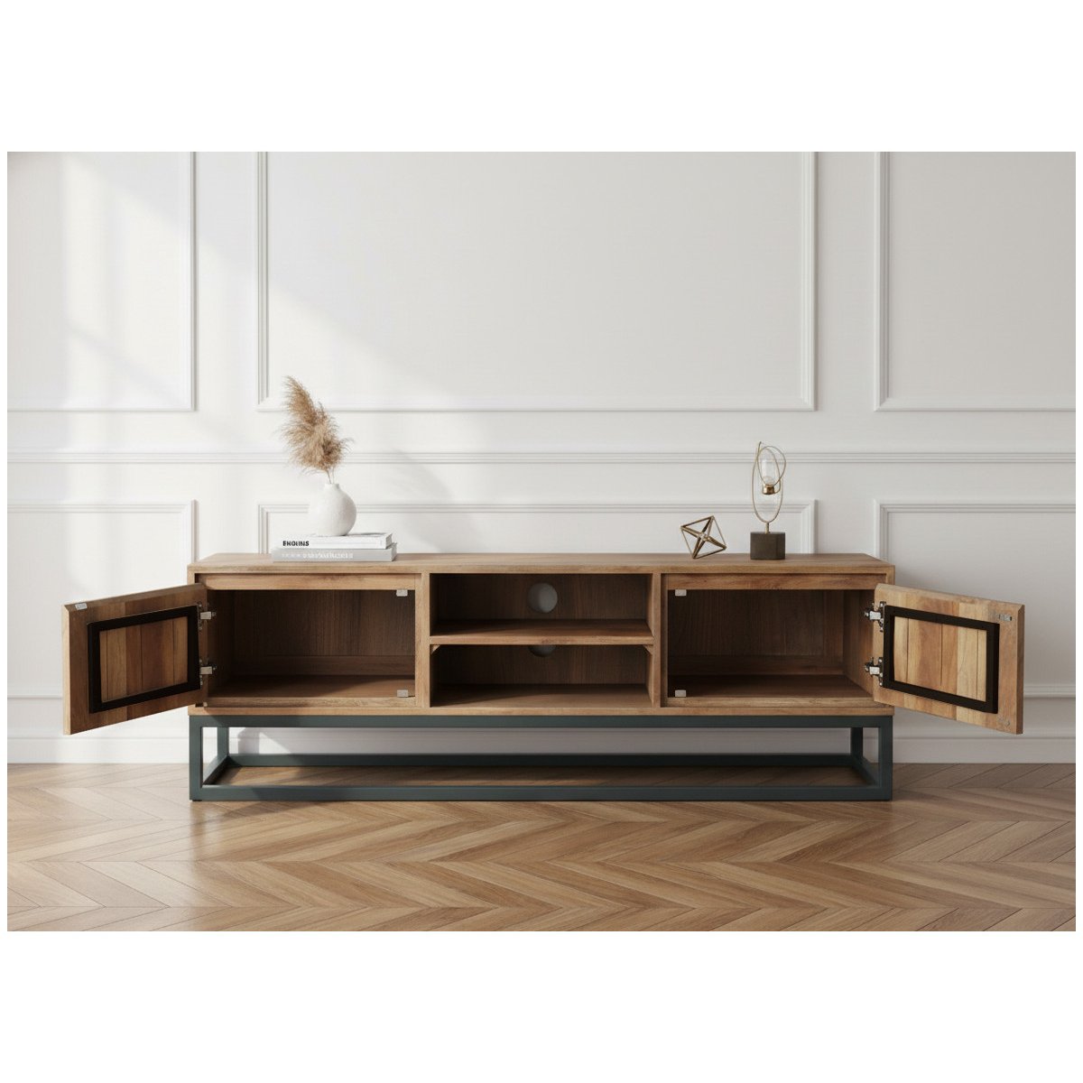 Meuble TV 140 cm bois massif, BERGERAC marron clair, BOBOCHIC