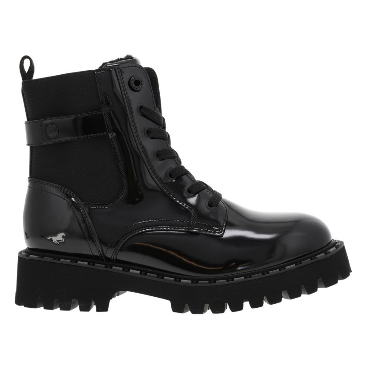 Bottines noires vernis à talon décroché bas avec des lacets plats et un zip noires vernies, MUSTANG