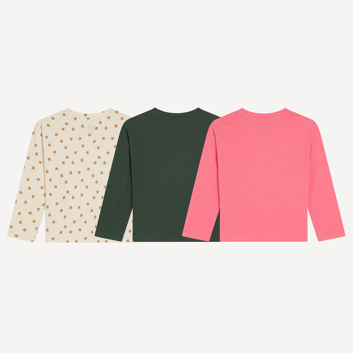 Lot de 3 T-shirts, à col rond et manches longues rose + écru + vert, LA REDOUTE COLLECTIONS