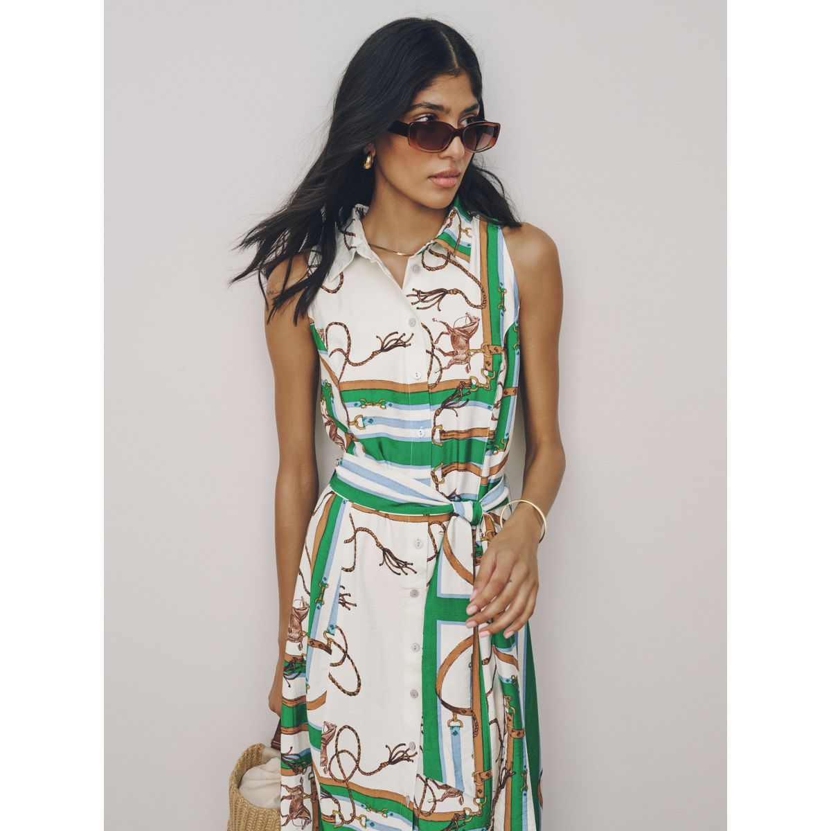 Robe mi-longue dos nu avec ceinture imprimé corde verte/blanche, NEXT