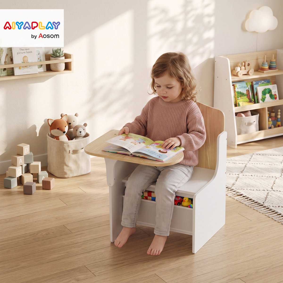 Ensemble table et chaises pour enfants MDF blanc, bois clair, AIYAPLAY