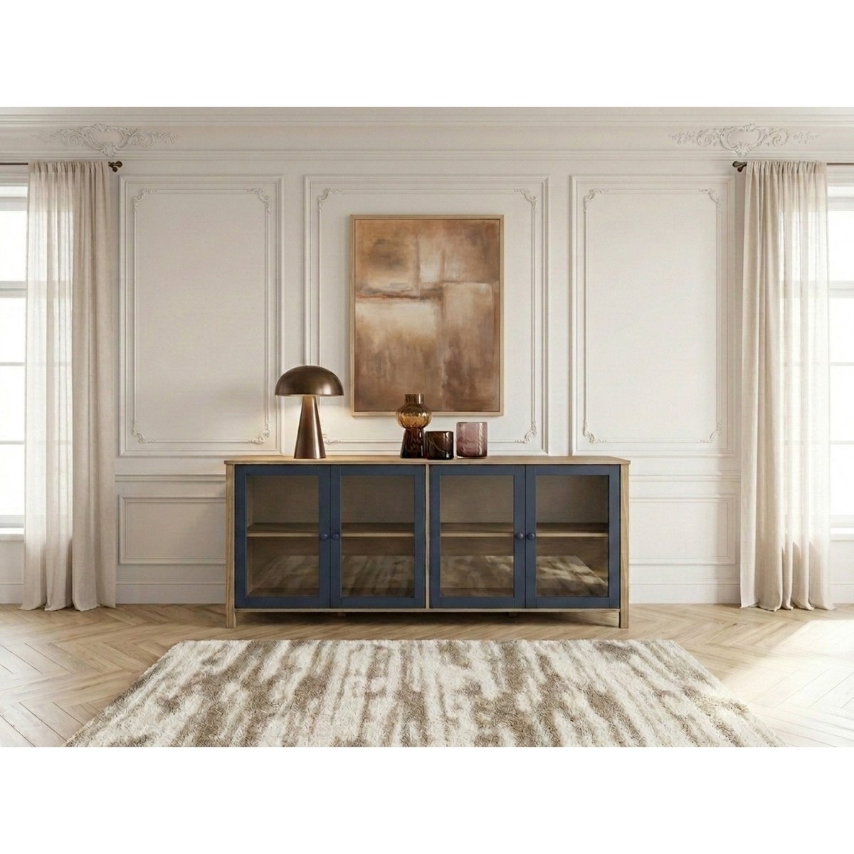 Buffet  en panneaux de particules 4 portes 186 cm, LEXIE bleu, BOBOCHIC