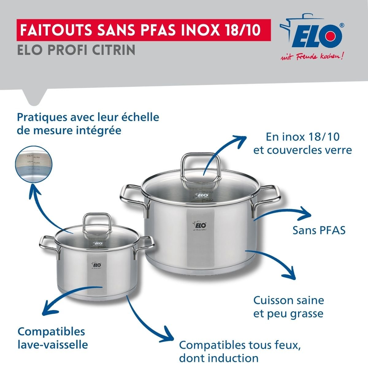 Batterie 1 poêle 28cm + 2 faitouts 12/16cm PROFI CITRIN inox, ELO