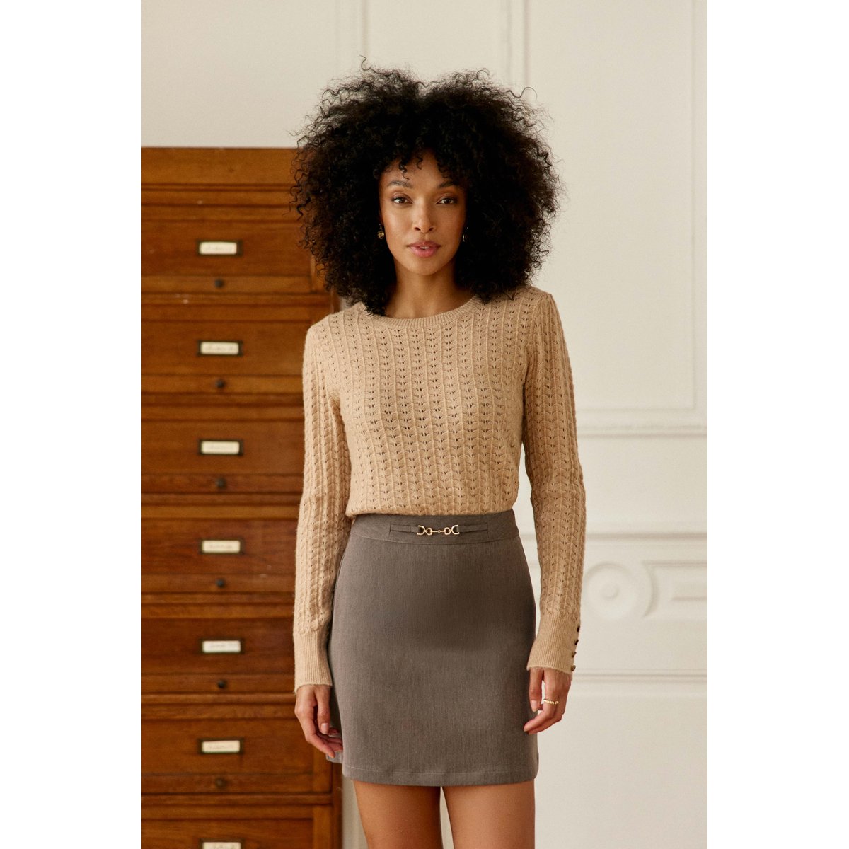 Jupe courte droite uni JANINO 14-taupe, LA PETITE ETOILE