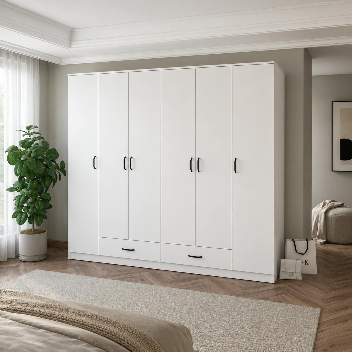 Armoire penderie blanche 6 portes 2 tiroirs BYRON blanc, PIER IMPORT