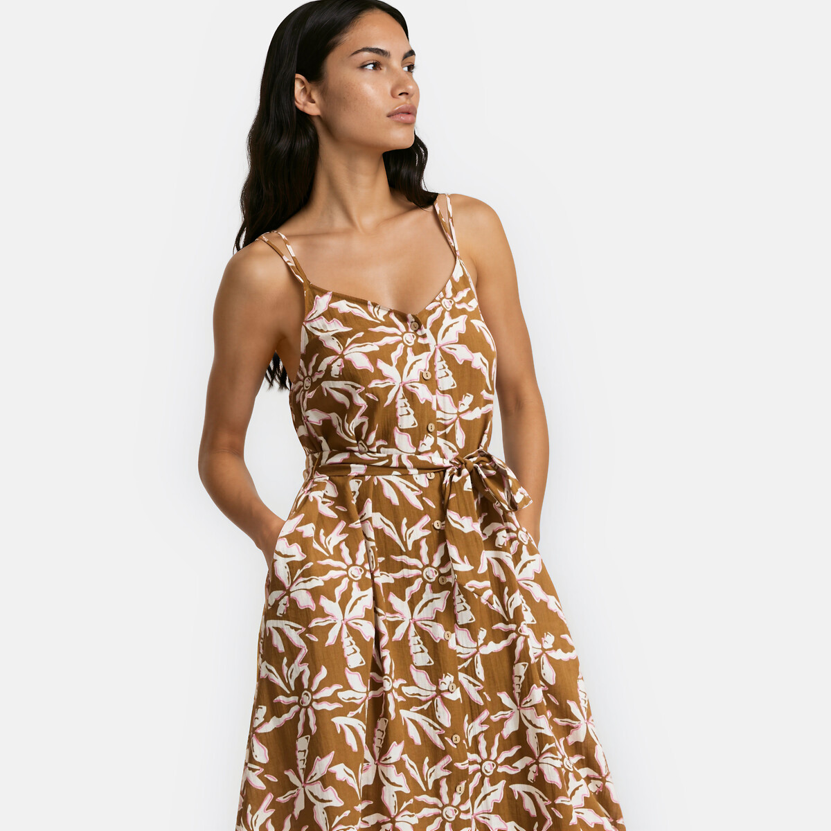 Robe midi à fines bretelles imprimé floral imprimé camel, LA REDOUTE COLLECTIONS